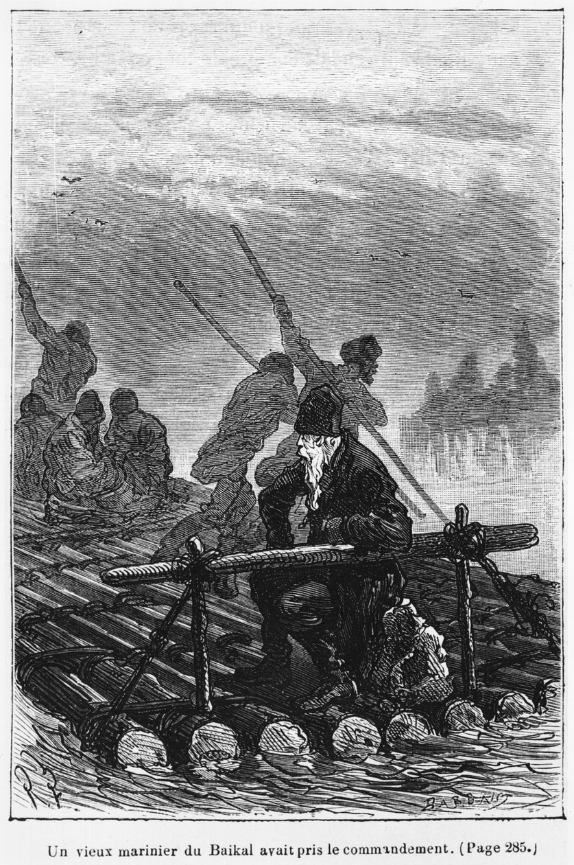 Vanha Baikal-venemies otti lautan komennon, kuvitus Jules Vernen (1828-1905) "Michel Strogoffista" kaivertanut Charles Barbant (k.1922) Paris, Hetzel tekijältä Jules Ferat