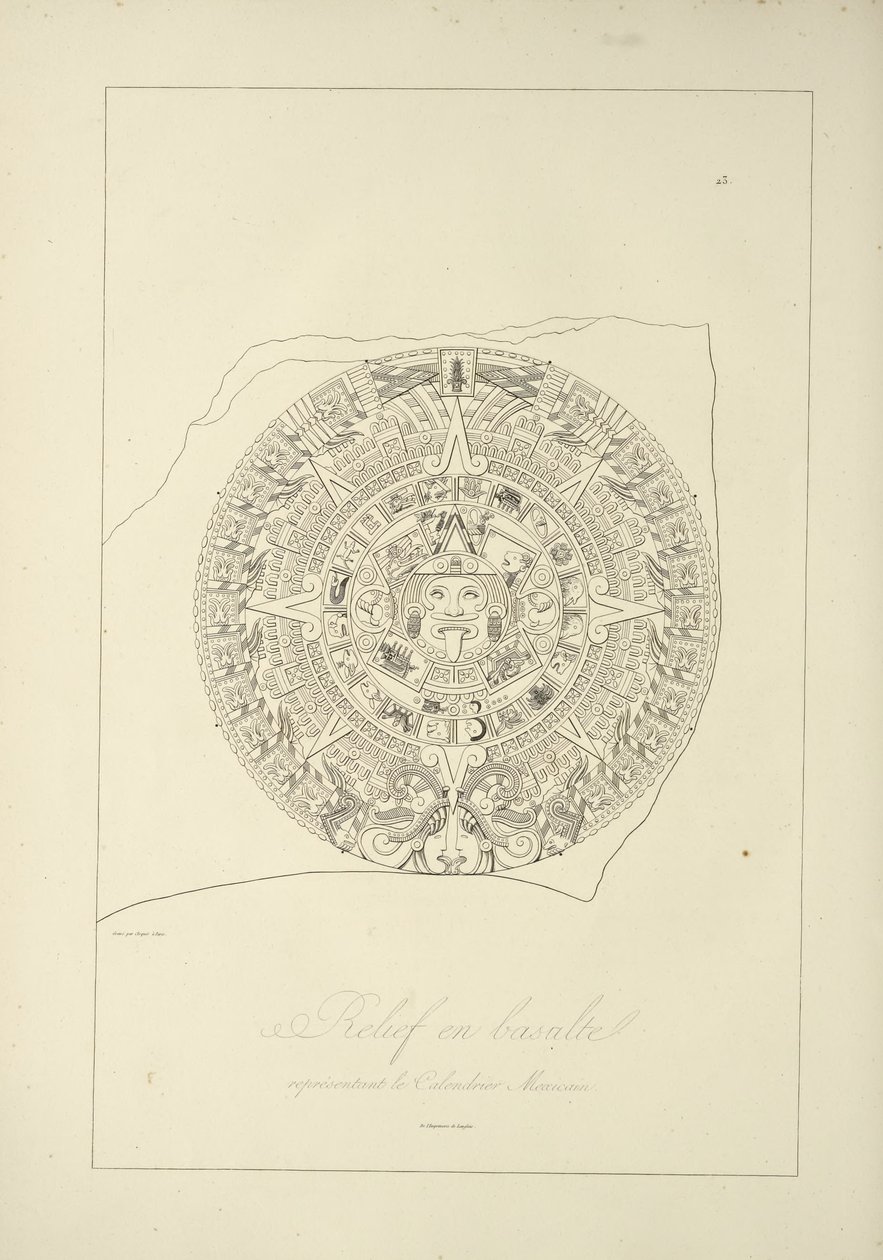 Basalttireliefi, joka edustaa meksikolaista kalenteria, kuva Alexander von Humboldtin ja Aime Bonplandin teoksesta Näkymät Cordilleraille ja Amerikan alkuperäiskansojen monumenteille, 1813 tekijältä Jules Germain Cloquet