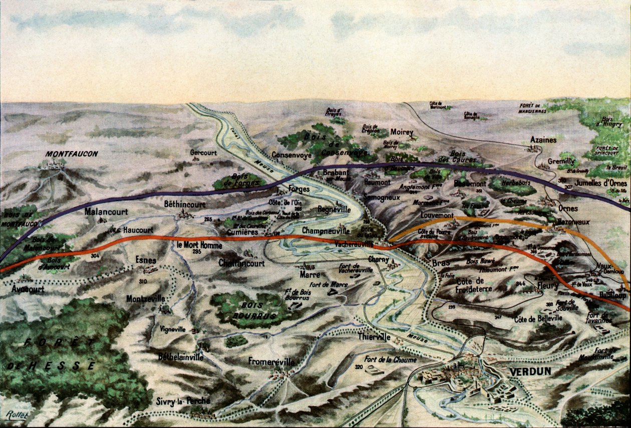 Valokuva ranskalaisesta kartasta, joka näyttää Verdunin taistelukentät, syyskuu 1916 (autokromi) tekijältä Jules Gervais Courtellemont