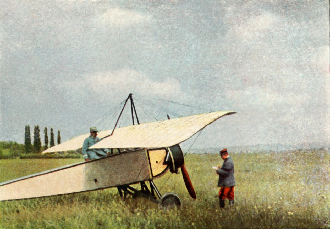 Morane-Saulnier Type G -kone, joka voitaisiin varustaa 7,9 mm:n Hotchkiss-konekiväärillä, syyskuu 1914 (autokromi) tekijältä Jules Gervais Courtellemont