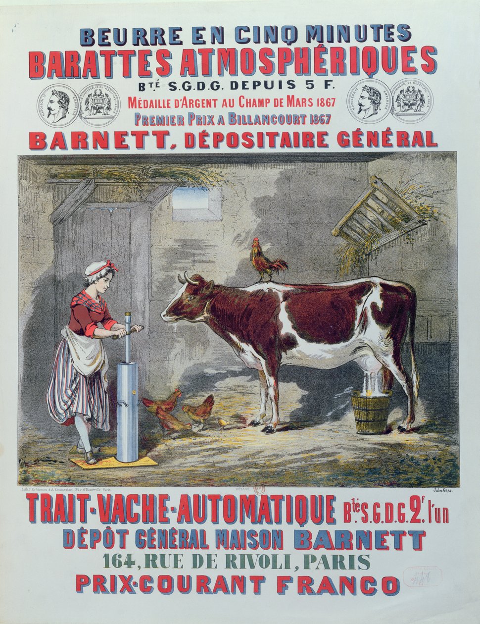 Mainos Atmospheric Churnista ja automaattisesta lypsykoneesta, Maison Barnett, Pariisi, n. 1867 tekijältä Jules Gras
