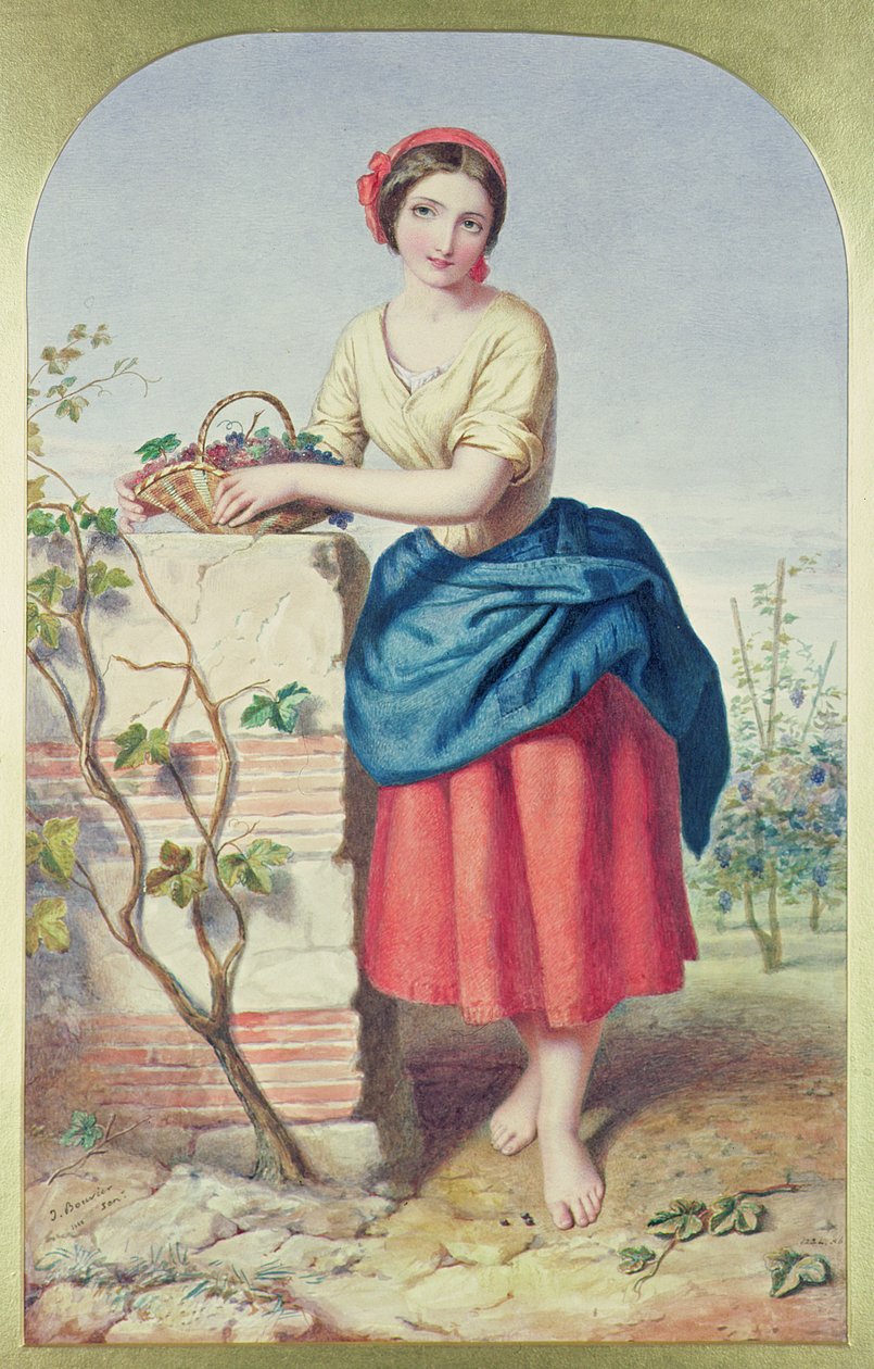 Tyttö viinirypälekorin kanssa, 1860 tekijältä Jules I Bouvier
