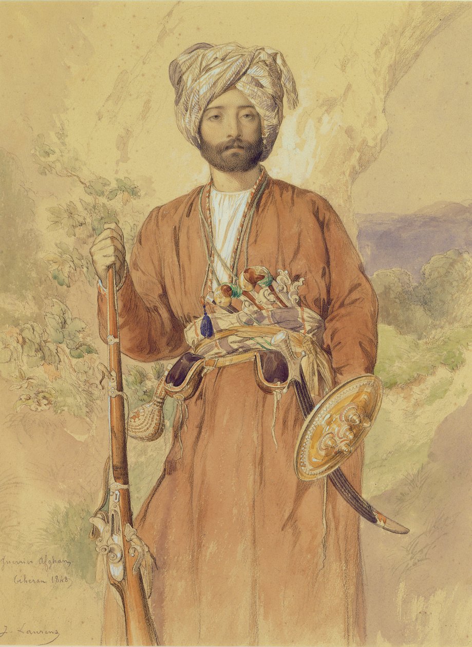Afganistanilaisen soturin luonnos, Teheran, 1848 (lyijykynä, wc ja bodycolour paperille) tekijältä Jules Joseph Augustin Laurens