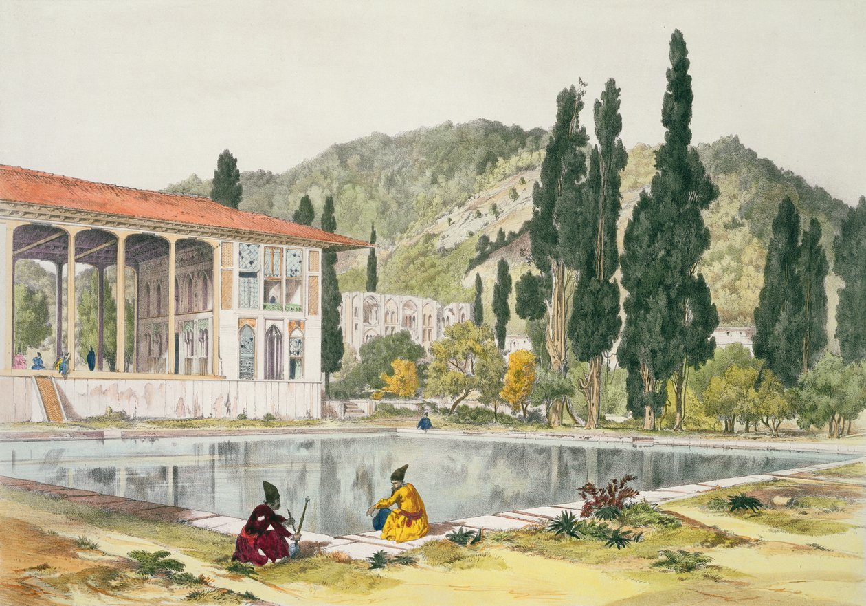 Ashrefin palatsi ja puutarhat, Persia, taiteilijan kaivertama levy 80 teoksesta "Voyage in Turkey and Persia" tekijältä Jules Joseph Augustin Laurens