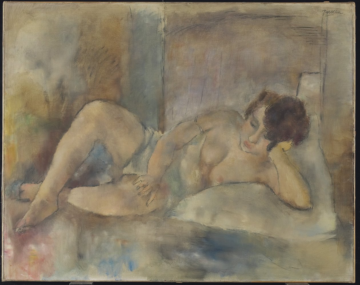 Makaava alastonkuva, n. 1920 (öljy ja grafiitti kankaalle) tekijältä Jules Pascin