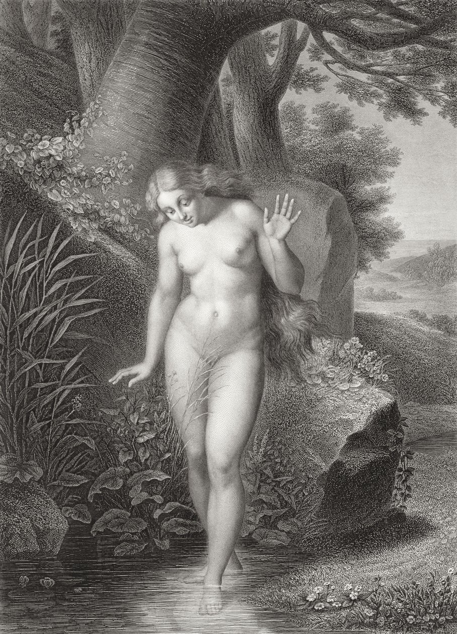 Eevan heijastus vedessä, John Miltonin (1608–1674) kadonneen paratiisin ranskalaisesta painoksesta, jonka kaiverrus on St. Eve ja Lalaisse, julkaistu 1868 tekijältä Jules Richomme