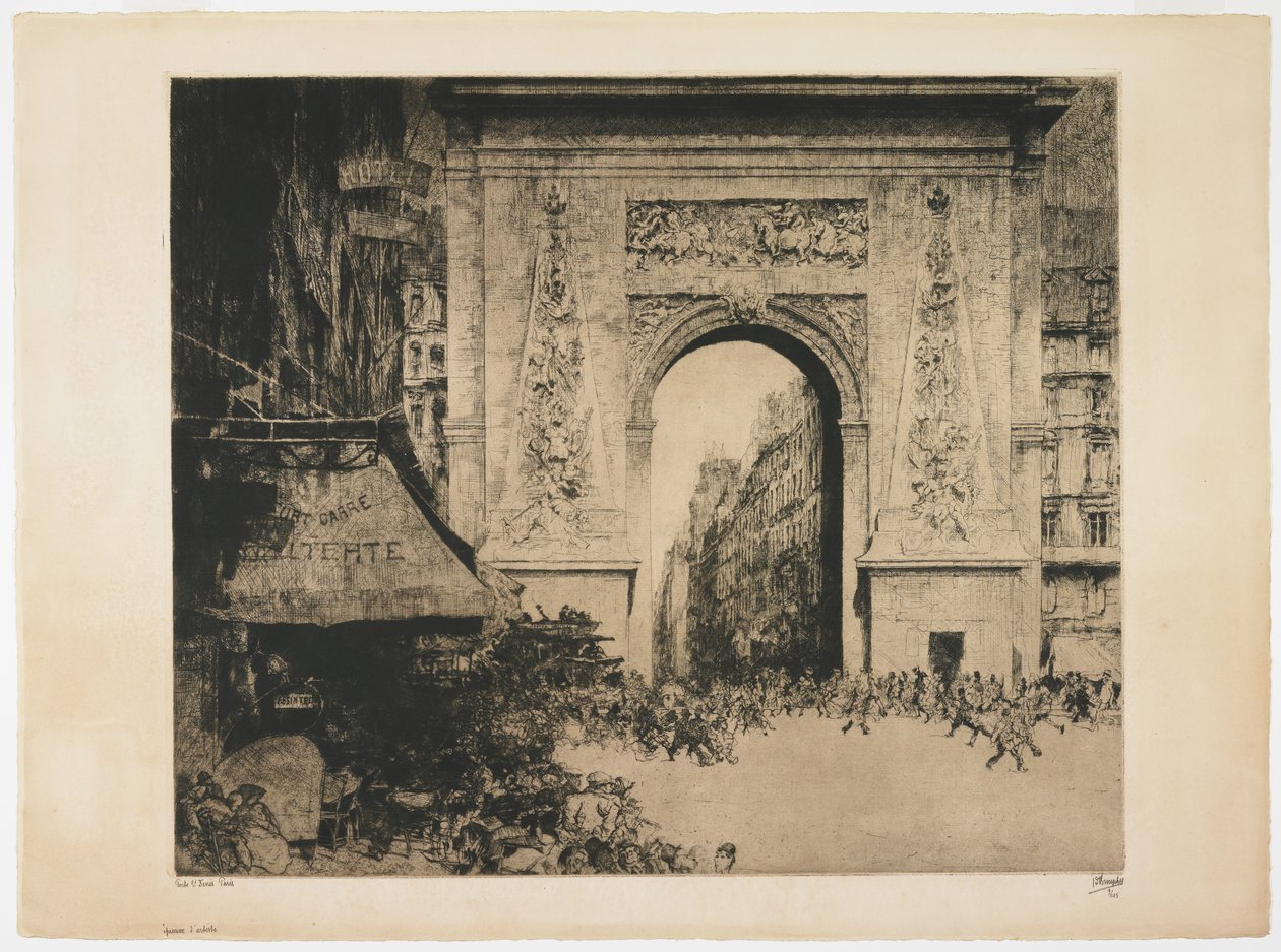 Porte Saint-Denis, Pariisi, 1928 (etsaus, kuivakärki, akvatinta ja levysävy) tekijältä Jules de Bruycker