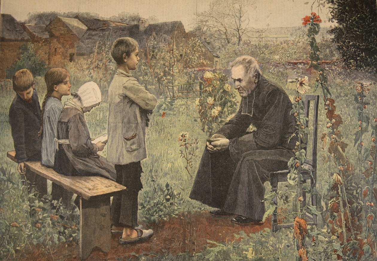 Pappi opettaa lapsille katekismuksen, kuvitus julkaisusta "Le Petit Journal: Supplement illustre", 5. kesäkuuta 1898 tekijältä Jules Alexis Meunier