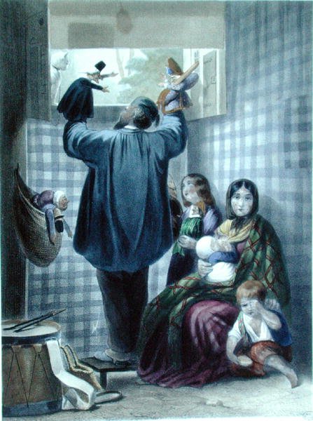 La Comedie du Chatin marionettiesityksen kulissien takana, n. 1840 (värikaiverrus) tekijältä Jules (after) David