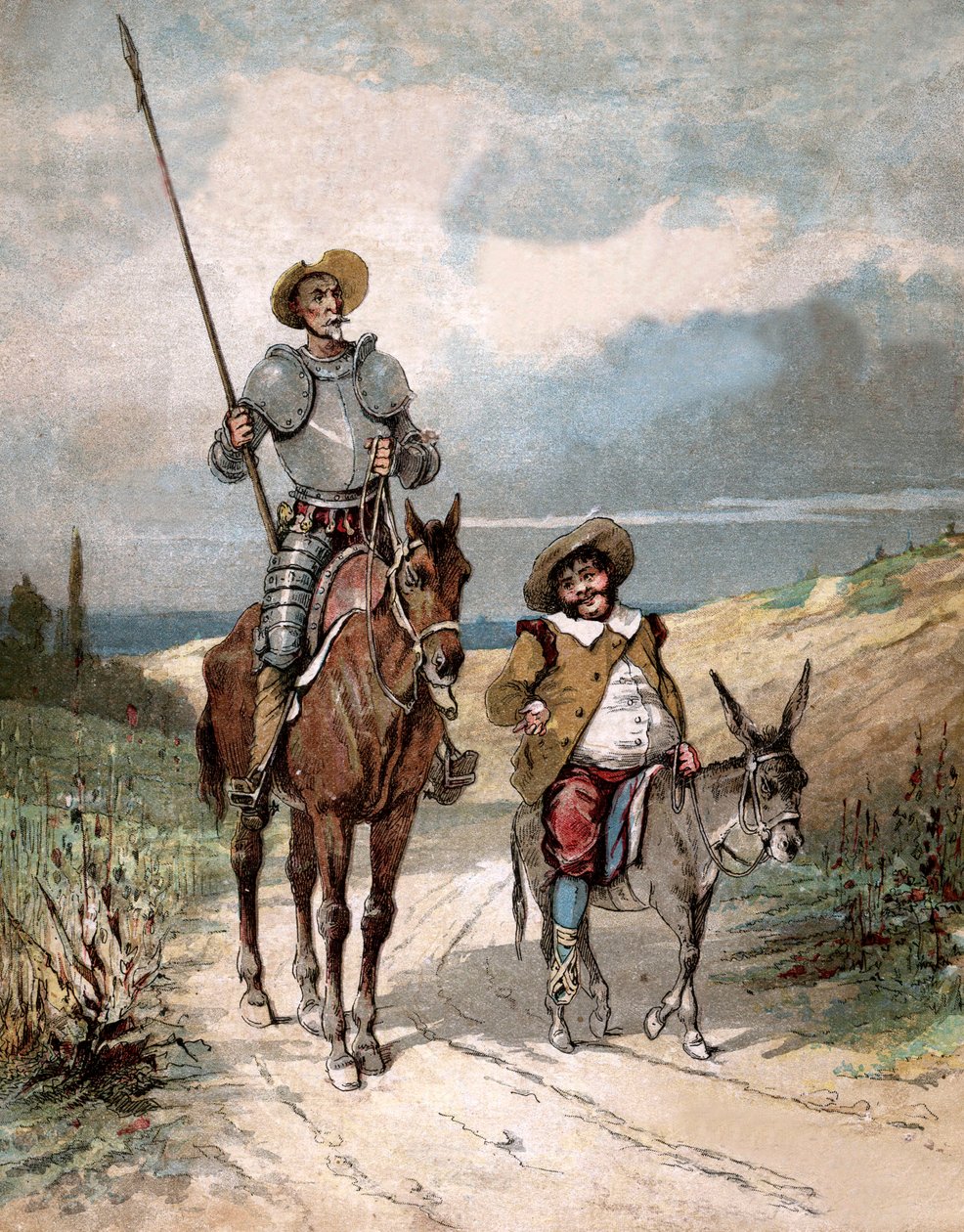 Don Quijote ja Sancho Panza, kuvitus Miguel de Cervantesin kirjasta "History of Don Quijote", kaiverrus Jules Davidin mukaan tekijältä Jules (after) David