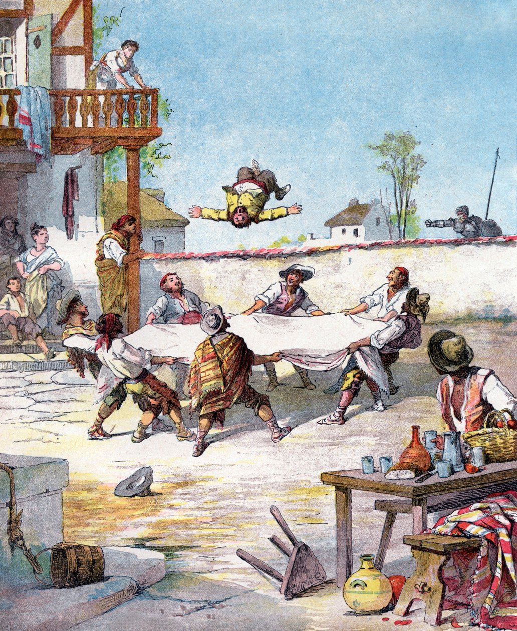 Innissä Sancho Panza on miehitetty, hän kutsuu isäntänsä Don Quijoten auttamaan häntä, kuvitus Miguel de Cervantesin kirjasta "Histoire de Don Quichotte", kaiverrus Jules Davidin mukaan tekijältä Jules (after) David