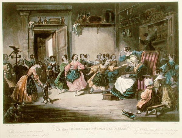 Häiriökohtaus tyttökoulussa, 1800-luvun puoliväli (värikaiverrus) tekijältä Jules (after) David
