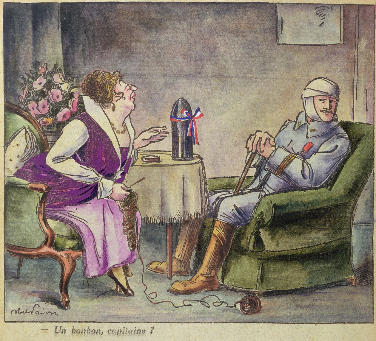 "Sweet, kapteeni", ensimmäisen maailmansodan karikatyyri tekijältä Jules Abel Faivre
