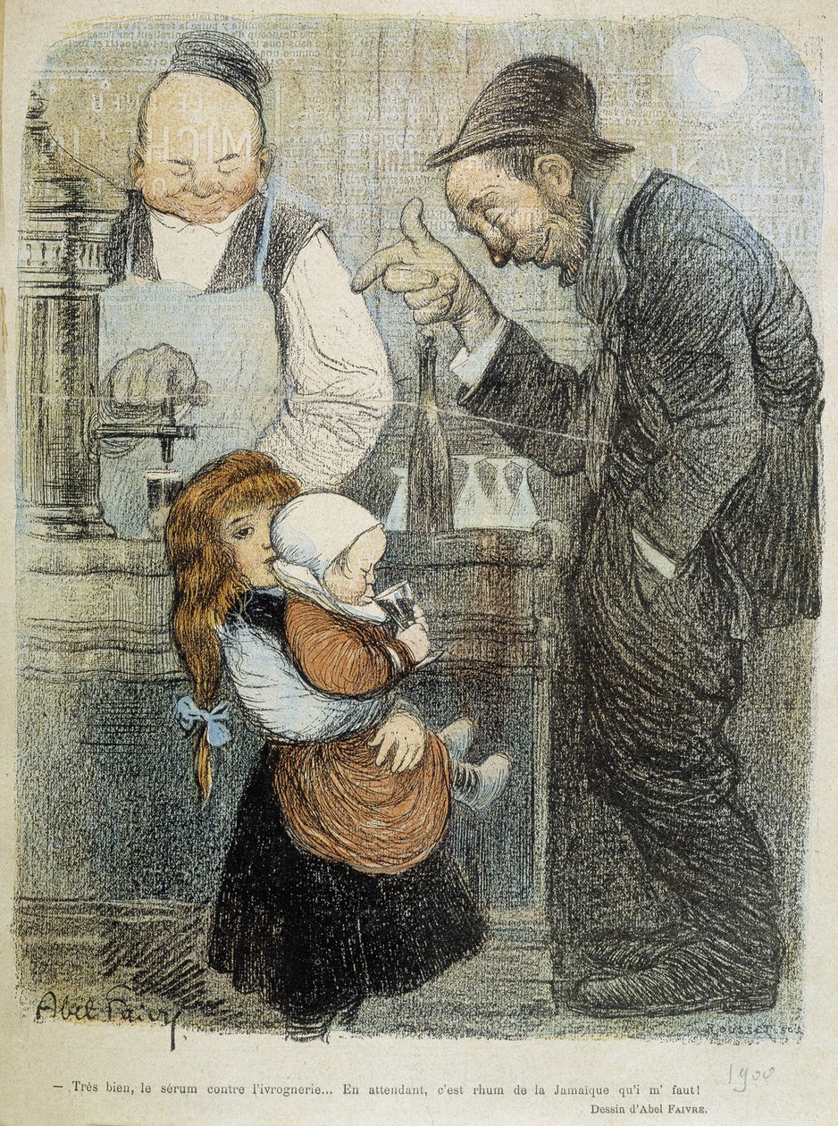 Selvä, seerumi humalassa, sillä välin tarvitsen rommia Jamaiquesta! - dess. Kirjailija: Abel Faivre (1864-1945) tekijältä Jules Abel Faivre