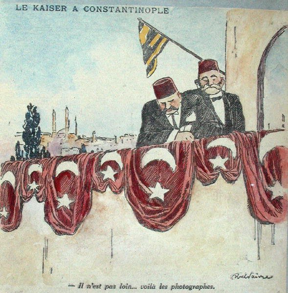 Karikatyyri keisari Wilhelm II:sta (1859-1941) Konstantinopolissa ensimmäisen maailmansodan aikana (värilitho) tekijältä Jules Abel Faivre