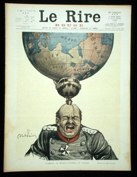 Miten maailma kantaa kypärää, Le Rire Rouge -lehden etukansi, 6. helmikuuta 1915 (värilitografia). tekijältä Jules Abel Faivre