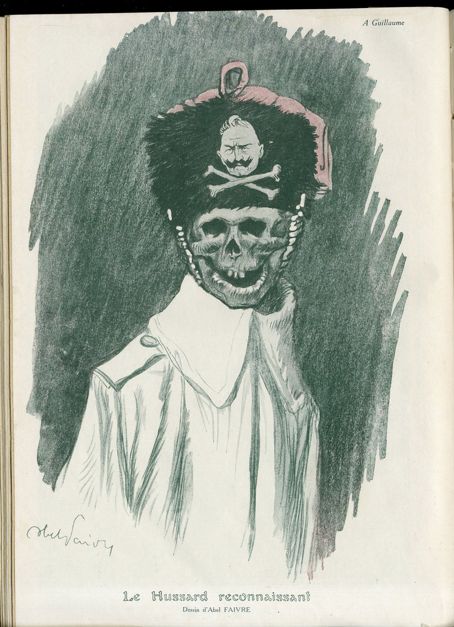 Kuvitus: Abel Faivre (1867-1945) elokuvassa "" Fantasio", 01.5.2015 - Kiitollinen Hussard - Sota 14-18, Saksa Preussi - William II, Viikatemies/toveri - Kuolema, FacesRiantes tekijältä Jules Abel Faivre