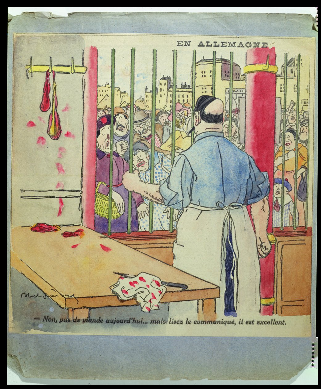 "Ei, tänään ei ole lihaa... mutta lue tiedonanto, se on erinomaista", karikatyyri Saksan nälänhädästä, n. 1917 tekijältä Jules Abel Faivre