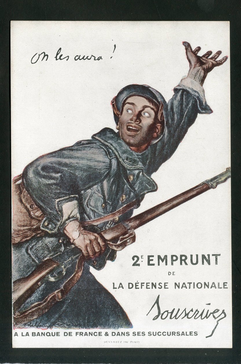 Postikortti, satiirinen väreissä: Sota 14-18, Lainaus, Isänmaalliset matkat - Sotilaat Kuvitus: Abel Faivre (1867-1945) tekijältä Jules Abel Faivre