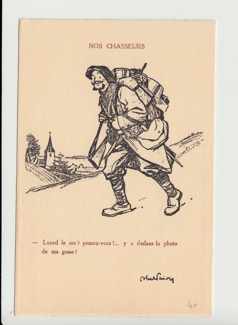 Postikortti, satiirinen N & B:ssä, n. 1915: Meidän metsästäjät - Sota 14-18, Valokuvaus, Isyys, Kallotukos - Soldiers, Alpine Hunters Kuvitus: Abel Faivre (1867-1945) tekijältä Jules Abel Faivre