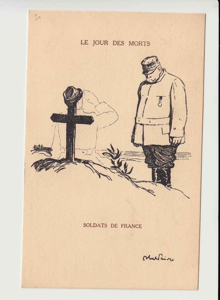 Postikortti, Satirique en N & B, ca. 1915: Kuolleiden päivä - Sota 14-18, Mourning Obseques Funerailles - Joffre, Soldiers Kuvitus: Abel Faivre (1867-1945) tekijältä Jules Abel Faivre