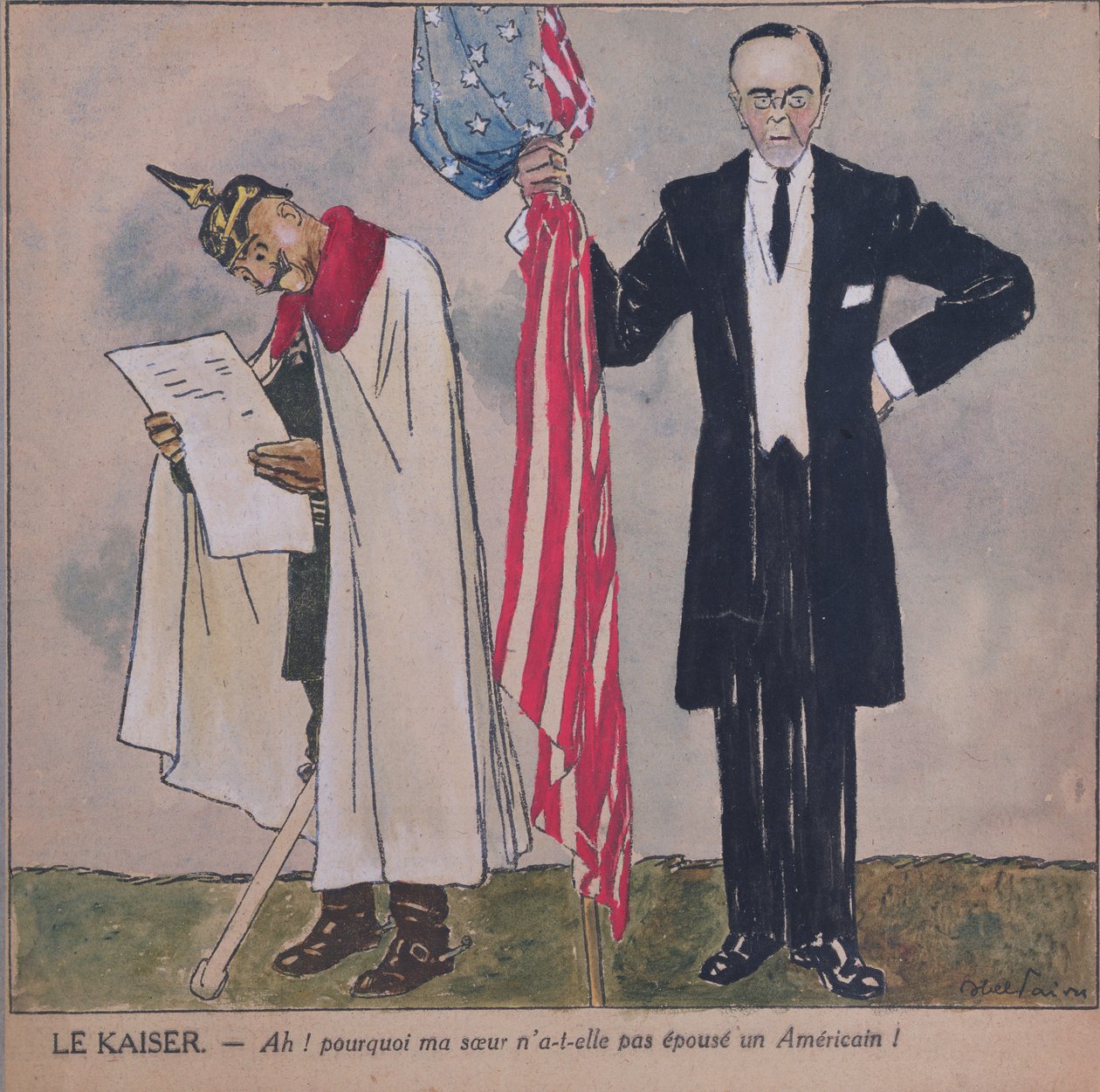 Presidentti Woodrow Wilson (1856-1924) ja keisari Wilhelm II (1859-1941) n. 1917 tekijältä Jules Abel Faivre