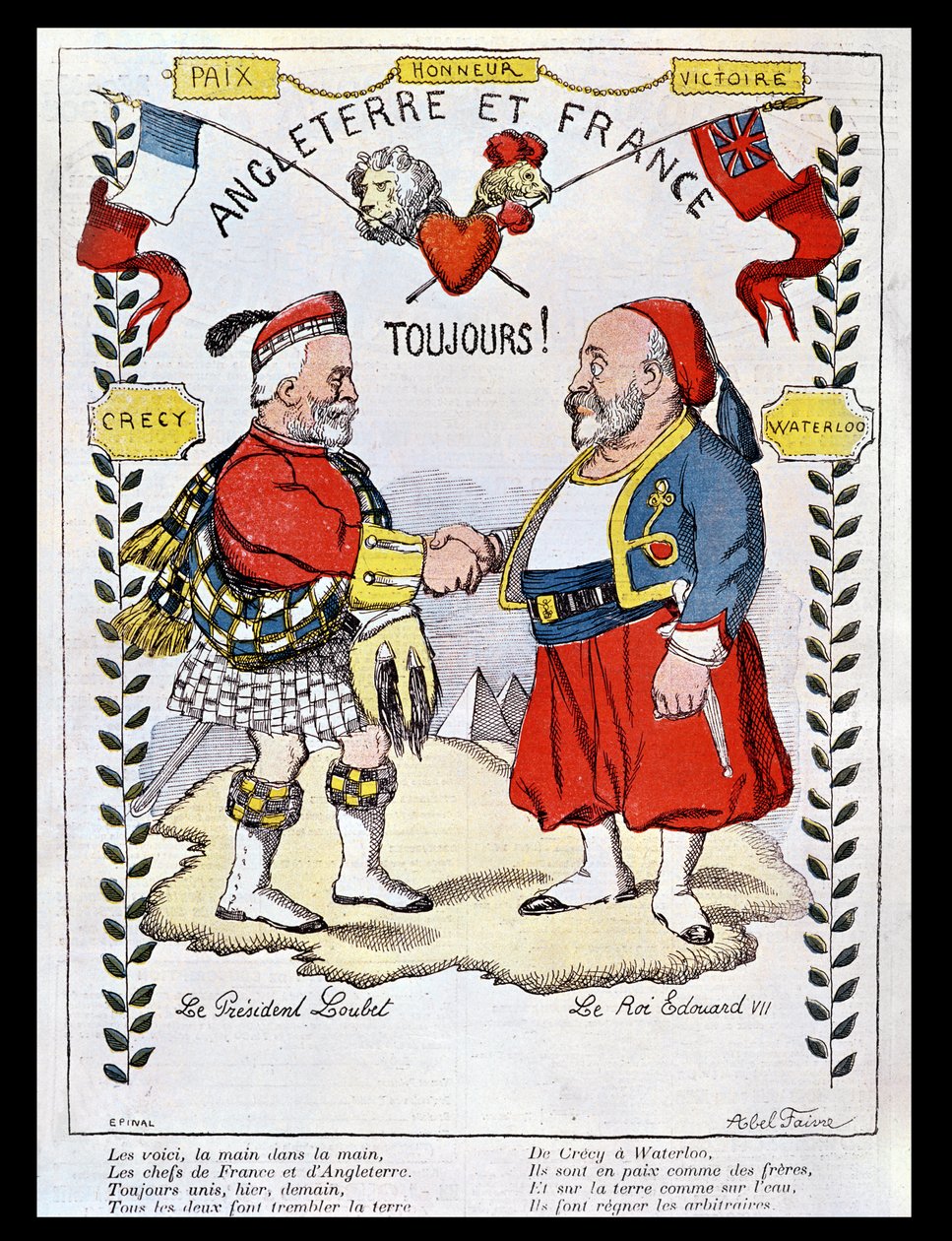 Entente Cordiale Ranskan ja Ison-Britannian välillä: pilakuvat presidentti Loubetista (1838-1929) ja kuningas Edward VII:stä (1841-1910), kuvitus Le Riresta, 1903 tekijältä Jules Abel Faivre