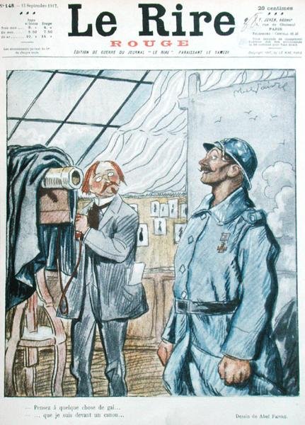 Ranskalainen sotilas valokuvaajan kanssa, karikatyyri Le Rire Rougen etukannessa tekijältä Jules Abel Faivre