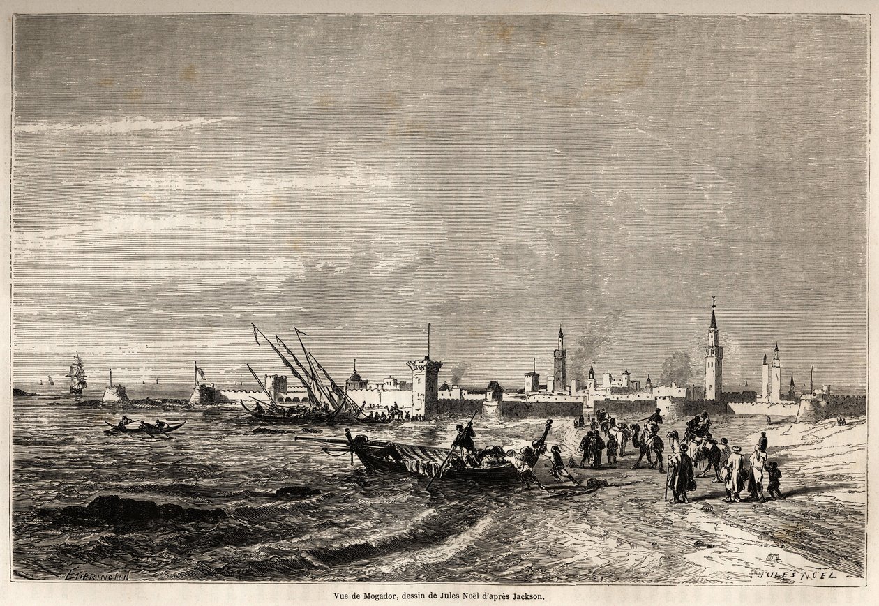 Näkymä Essaouirasta (entinen Mogador), Jules Noelin (1810-1881) piirustus havainnollistamaan Mr.F. Schicklerin matka Marokkoon vuonna 1860. Kaiverrus "" Le tour du monde, nouveau journal des voyages" Paris tekijältä Jules Achille Noel