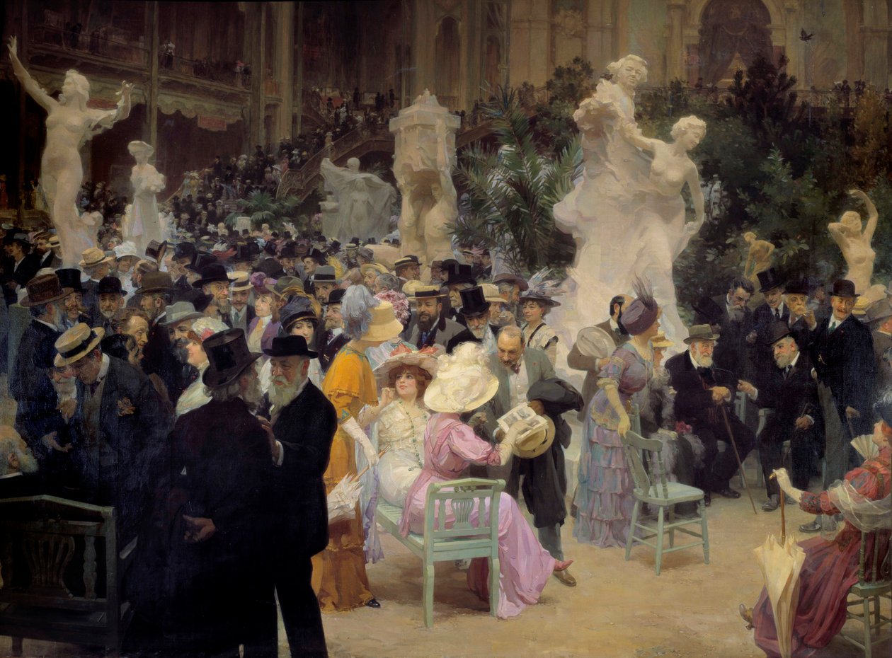 Belle epoque: "" Perjantai Salon des artistes françaisissa"" Pariisin porvariston jäsenet tapaavat sosiaalisten tapahtumien yhteydessä. Yksityiskohta. Jules Alexandre Grunin (1868-1934) maalaus 1911 Su. 3,6x6,16 m Rouen, Musee des Beaux Arts tekijältä Jules Alexandre Gruen or Grun