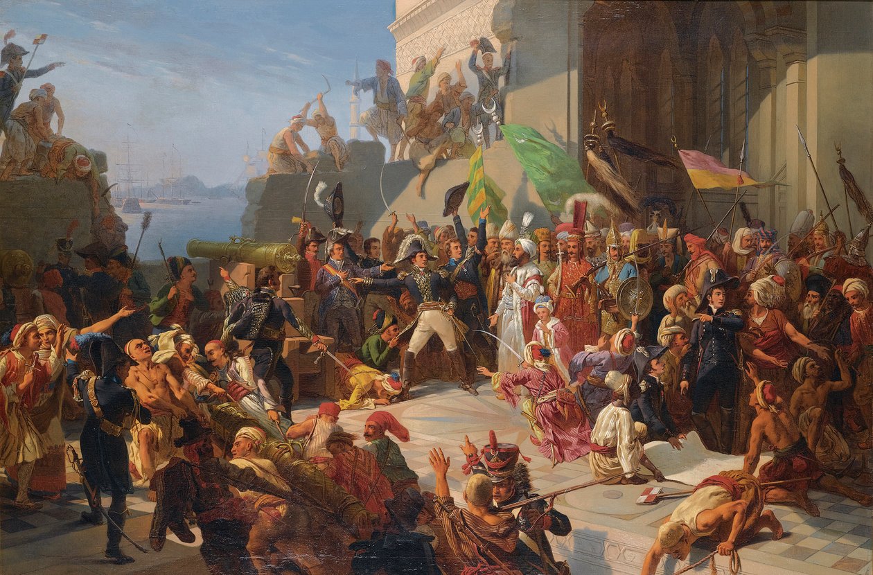 Guerre anglo-turque - guerres napoleoniennes - Sulttaani Selim III (1761-1808) vierailemassa kenraali Horace Sebastianin (1772-1851) luona puolustaessaan Konstantinopolia brittiläistä laivastoa vastaan, helmikuu 1807 par Rigo, Jules Vincent (1810-1892). Öl tekijältä Jules Alfred Vincent (after) Rigo