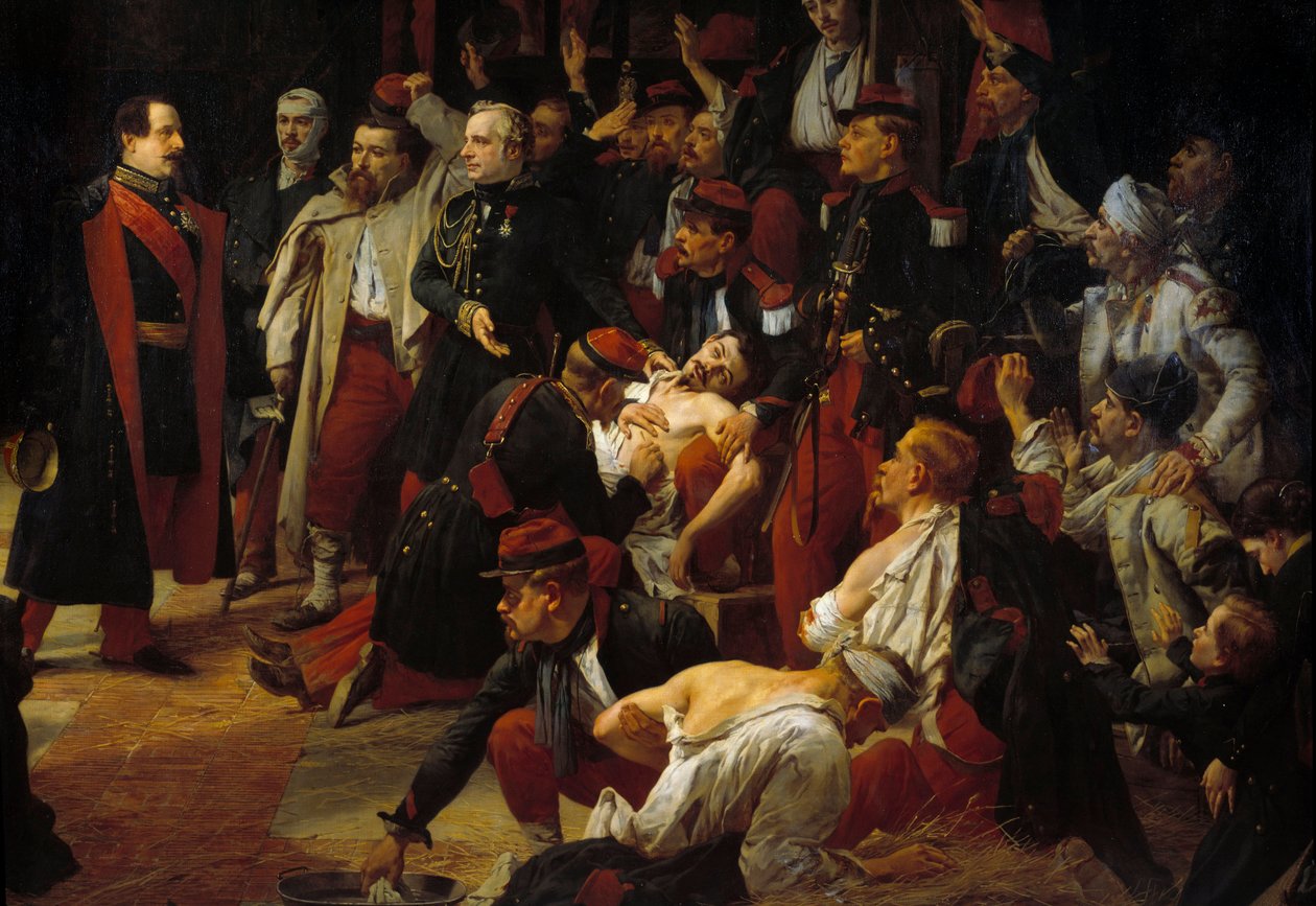 Keisari Napoleon III vierailee Ranskan, Piemonten ja Itävallan Montebellon taistelun haavoissa Vogheren ambulansseissa toukokuussa 1859 Detail. Jules Rigon (1810-1892) maalaus 1859 Pariisi, Val de Gracen museo tekijältä Jules Alfred Vincent Rigo
