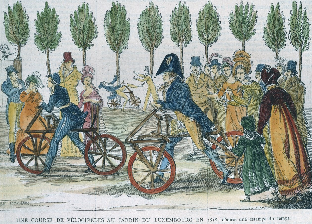 Velosipedikilpailu Jardin du Luxembourgissa vuonna 1818 P. Comten (1800-luku) kaiverruksen jälkeen (värikaiverrus) tekijältä Jules Antoine Duvaux