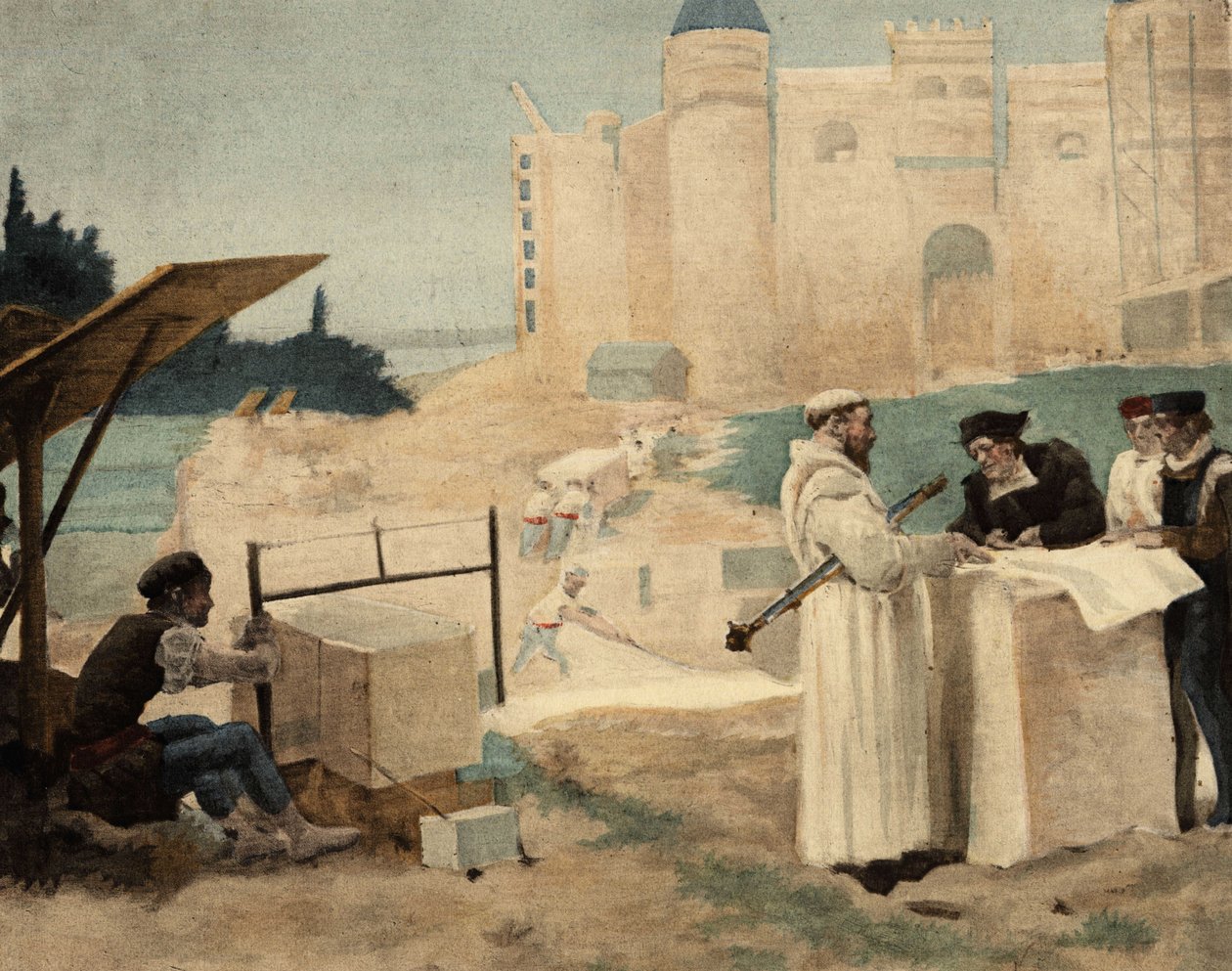 Veli Jean, Seuillen luostarin munkki, valvoo Thelemen luostarin rakentamista. Gargantua. Jules Garnierin kuvitus. Teoksessa "Rabelais et l