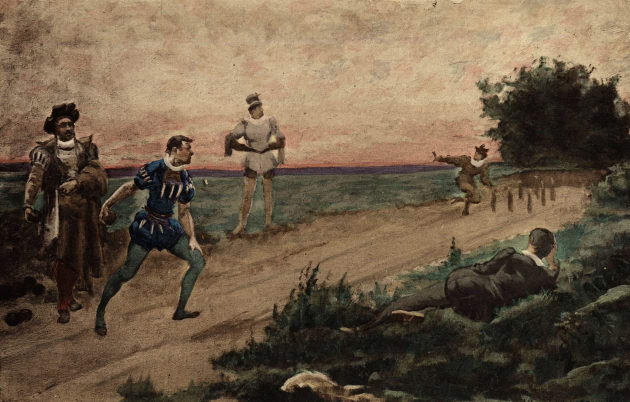 Miehet pelaavat keilailua. Gargantua. Jules Garnierin kuvitus. Teoksessa "Rabelais et l