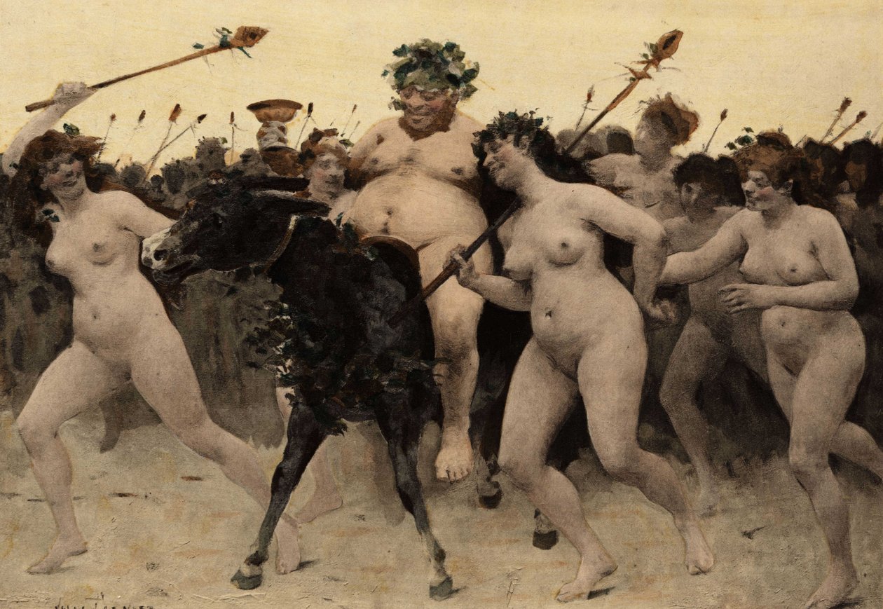 Sileneus (Silene) aasin selässä Bacchuksen (Dionysos, Bacco) armeijaa johtava Bacchuksen (Dyonisos, Bacco) ja intiaanien välisen taistelun aikana. Mosaiikki Pullon temppelissä. Pantagruel. Jules Garnierin kuvitus. Teoksessa "Rabelais et l