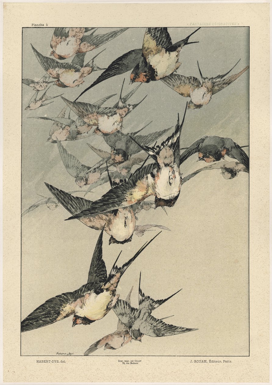 Linnut, levy 5 julkaisusta "Fantaisies decorations", kaiverrus Gillot, julkaisija Jules Rouam, Librairie de l