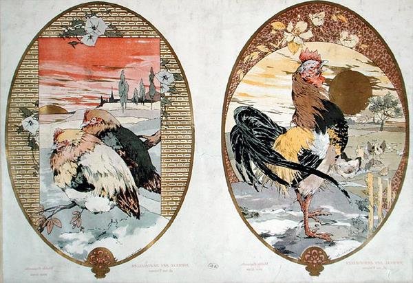 Kukko ja kanat, suunnittelu näyttöön, n. 1900 (väri litho) tekijältä Jules Auguste Habert Dys