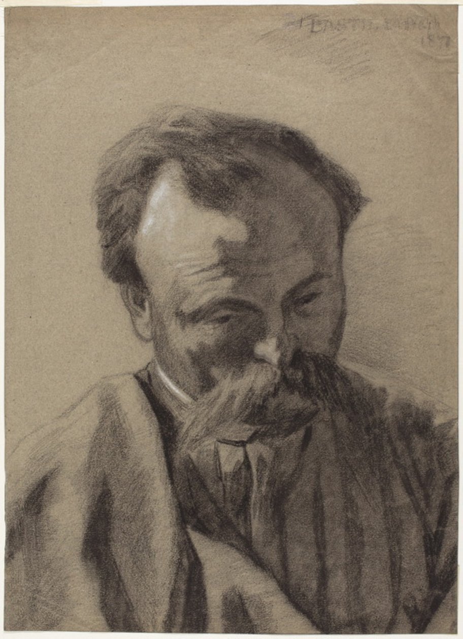 Omakuva, n.1877 (mustaa liitua korotettu valkoisella liidulla, harmaalle liimapaperille) tekijältä Jules Bastien Lepage