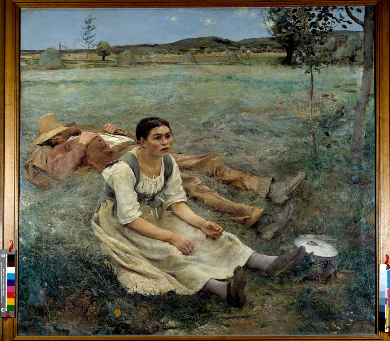 Heinä Nainen istuu nurmikolla sadonkorjuukauden aikana nukkuvan miehen vieressä. Jules Bastien Lepagen (1848-1884) maalaus 1877 Sun. 1,80 x 1,95 m tekijältä Jules Bastien Lepage