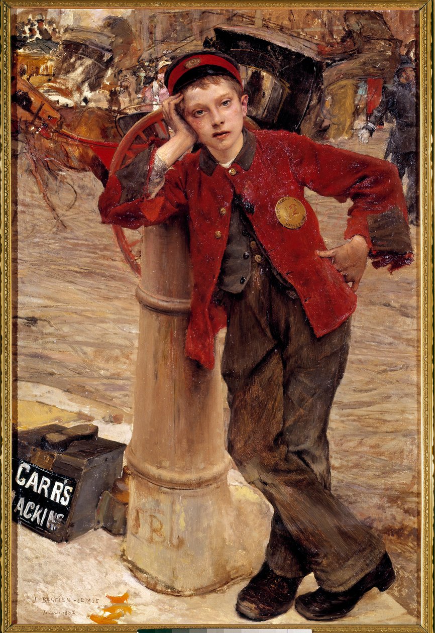 Jules Bastien Lepagen (1848-1884) Pikku englantilainen kengänkiillotusmaalaus 1882 su. 0,89x1,32 m Pariisi, koristetaide tekijältä Jules Bastien Lepage