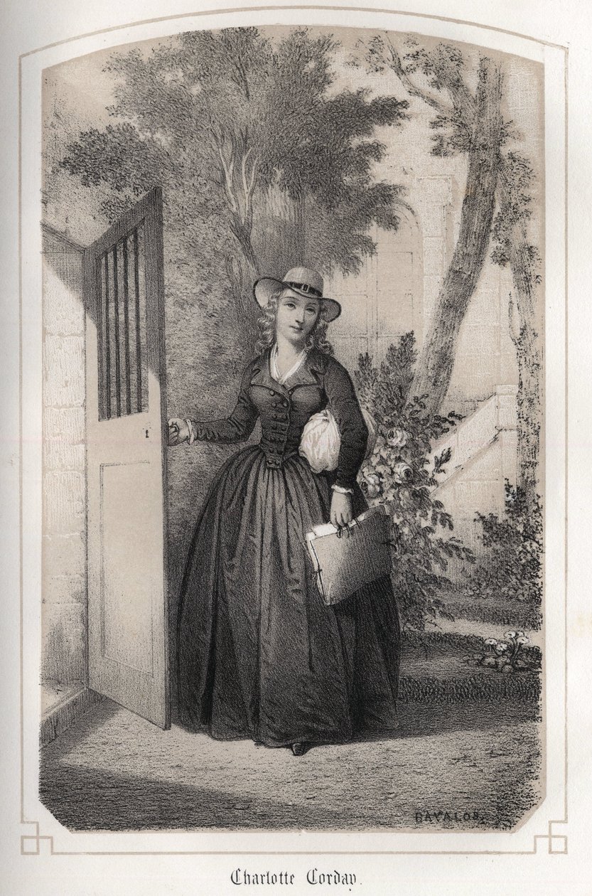 Muotokuva Charlotte Cordaysta (1768 - 1793). kreivitär DROHOJOWSKAn teoksessa ”Ranskan maineikkaat naiset”. KUVITUKSET DRUTS OF MM JULES JA BAYALOS. noin 1850. tekijältä Jules and Bayalos Aime de David