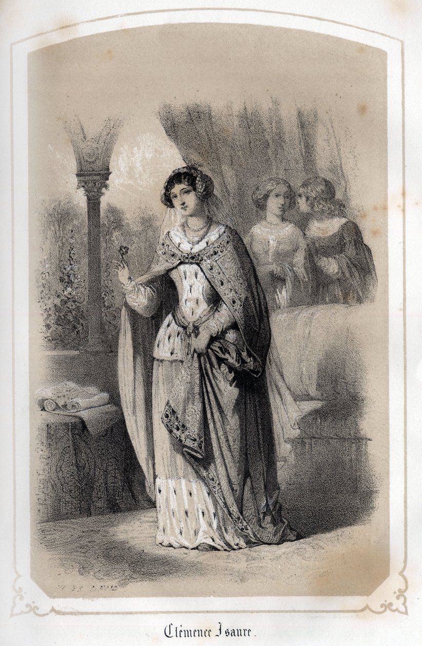 Muotokuva Clemence Isauresta, Toulouse-naisesta, joka olisi elänyt 1300-luvulla. kreivitär DROHOJOWSKA:n teoksessa "Les femmes illustres de la France". Kuvitettu MM JULESIN JA BAYALOSIN piirustuksilla. noin 1850. tekijältä Jules and Bayalos Aime de David