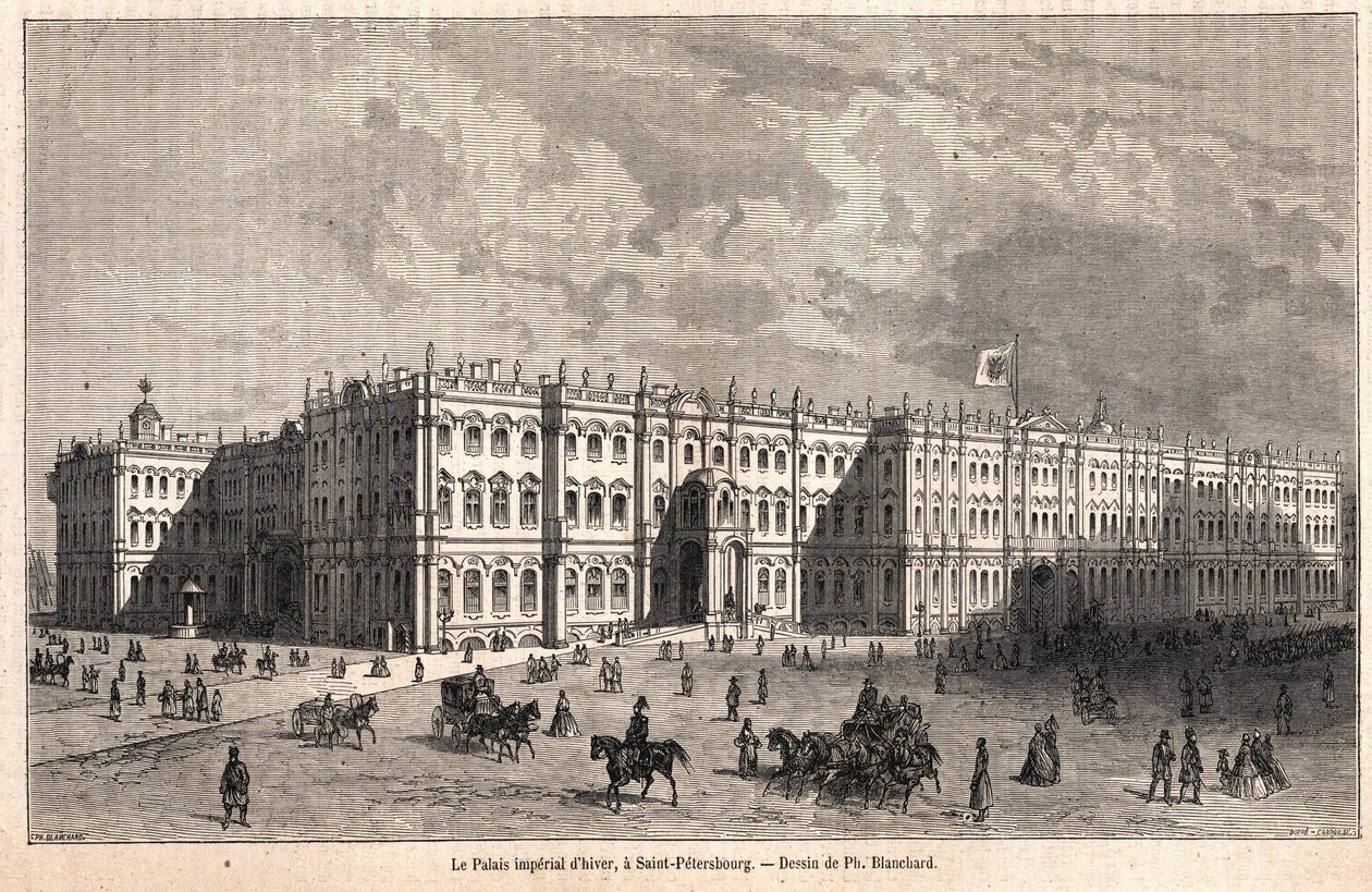 Talvikeisarillinen palatsi Pietarissa. Piirustus Blanchard tekijältä Jules Blanchard