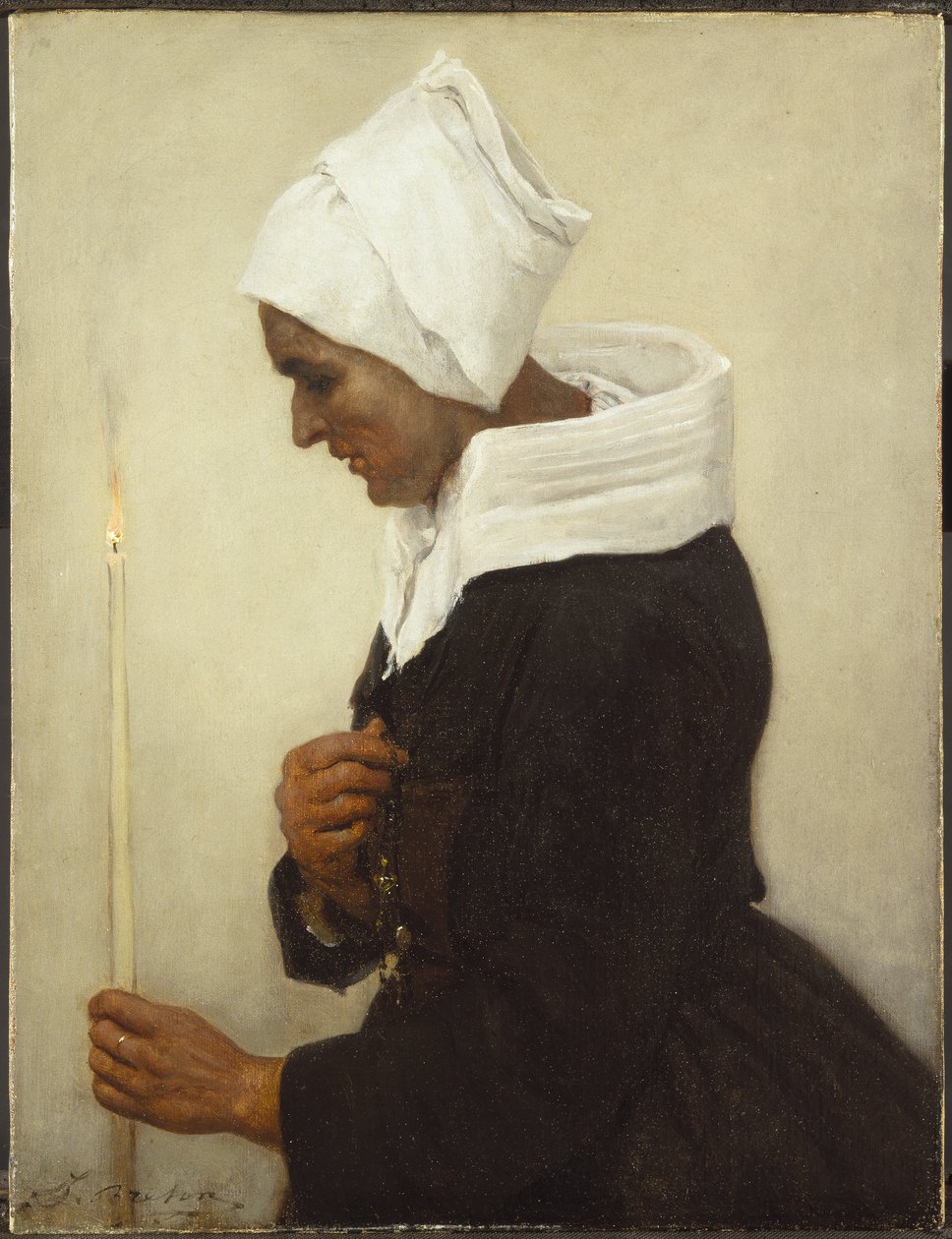 Bretonilainen talonpoikanainen pitelee kartiota, n. 1869 tekijältä Jules Breton
