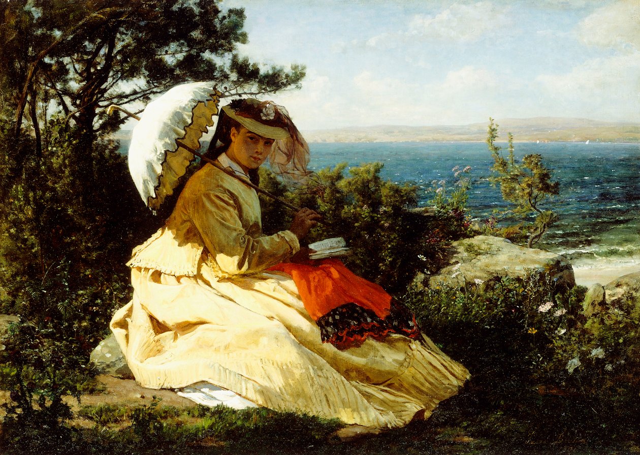 Nainen päivänvarjon kanssa; Douarnenezin lahti, 1871 tekijältä Jules Breton