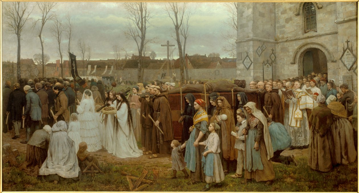 Golgatakulkueen istuttaminen bretonilaisen kirkon eteen. Jules Bretonin (1827-1906) maalaus 1858 su. 1,35x2,5 m Lille, musee des Beaux Arts - Golgatan pystyttäminen. Kulkue bretonilaisen kirkon edessä. Jules Bretonin (1827-1906) maalaus 1858 tekijältä Jules Breton
