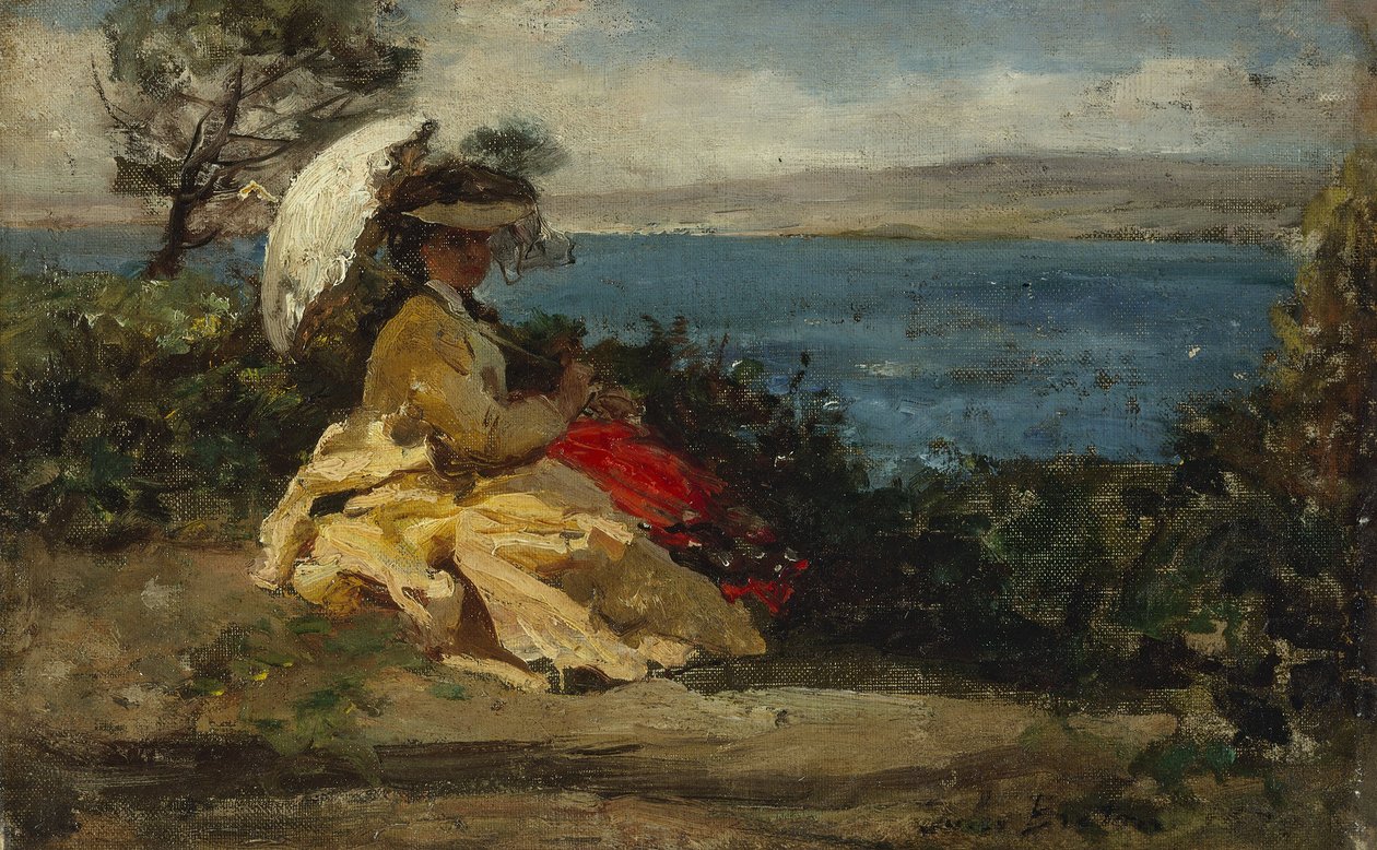 Nainen aurinkovarjon kanssa, Douarnenezin lahdella, vuosina 1870-1875 (öljy kankaalle) tekijältä Jules Breton