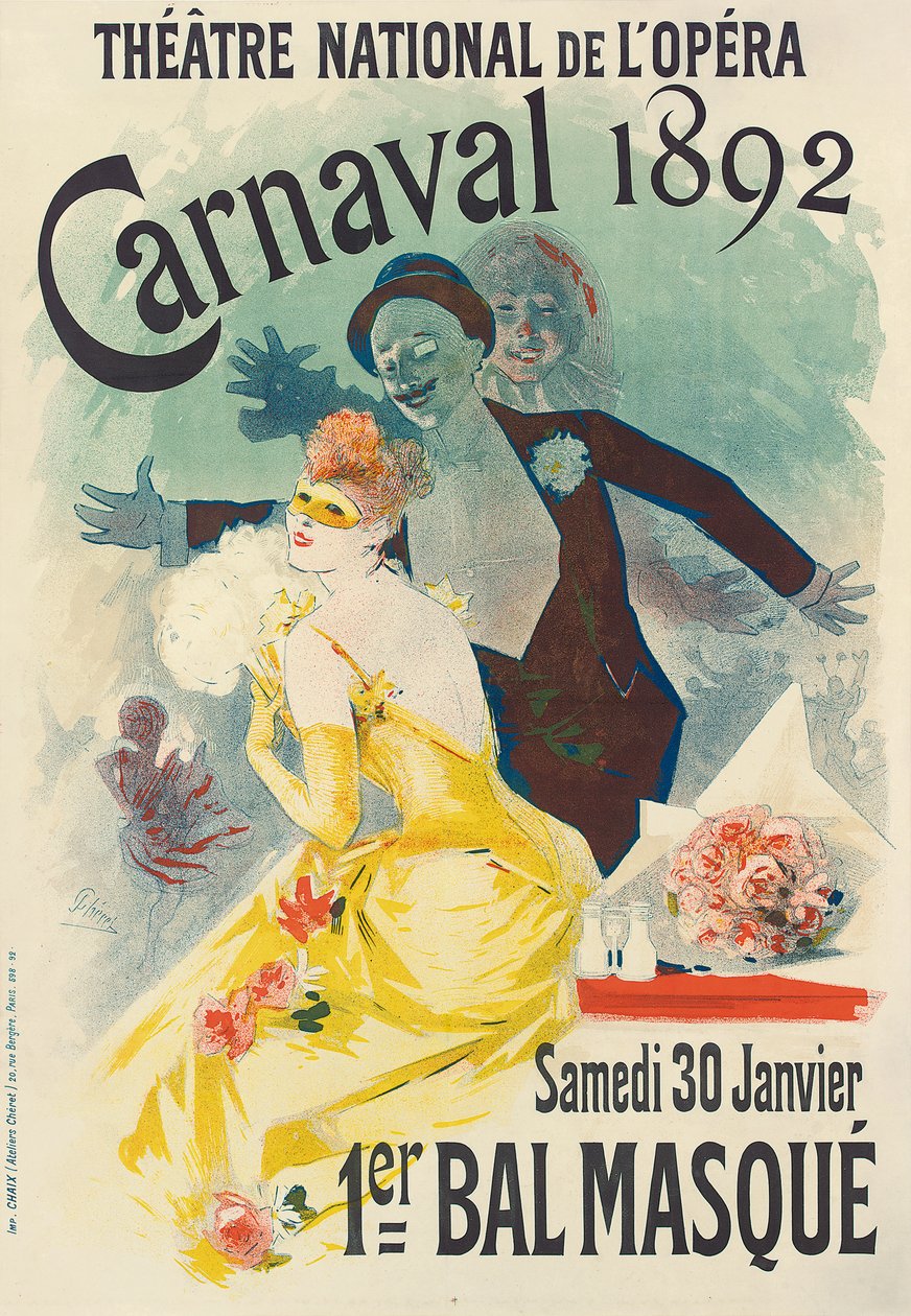 Mainos 1. Carnaval naamioballista Theatre National de l"Operassa, 1892, 1892 tekijältä Jules Cheret