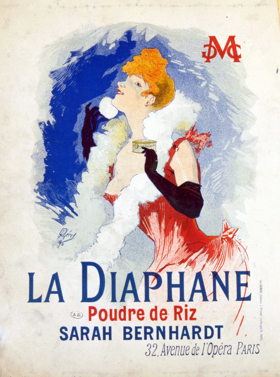 Mainos: "" La Diaphane: Riisijauhe""" Henriette Rosine Bernard, jäsen Sarah Bernhardt tekijältä Jules Cheret